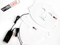 A red light therapy mask and decollete device with straps, eye covers, and a control unit, against a white background.